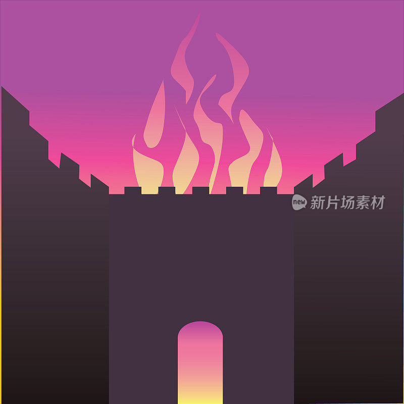 The wall of the Temple in Jerusalem is burning. Vector drawing of a black silhouette of a gate made of ancient stones and behind it a burning fire that also comes out of the round gate